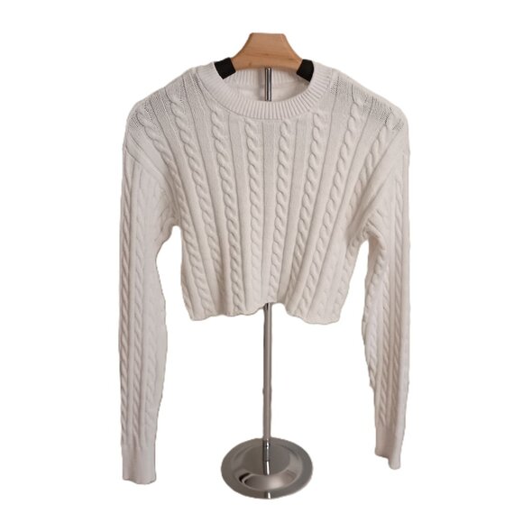 Aerie White Cable Knit Cropped Crew Neck Cotton Sweater Women’s Size XS - Picture 2 of 16